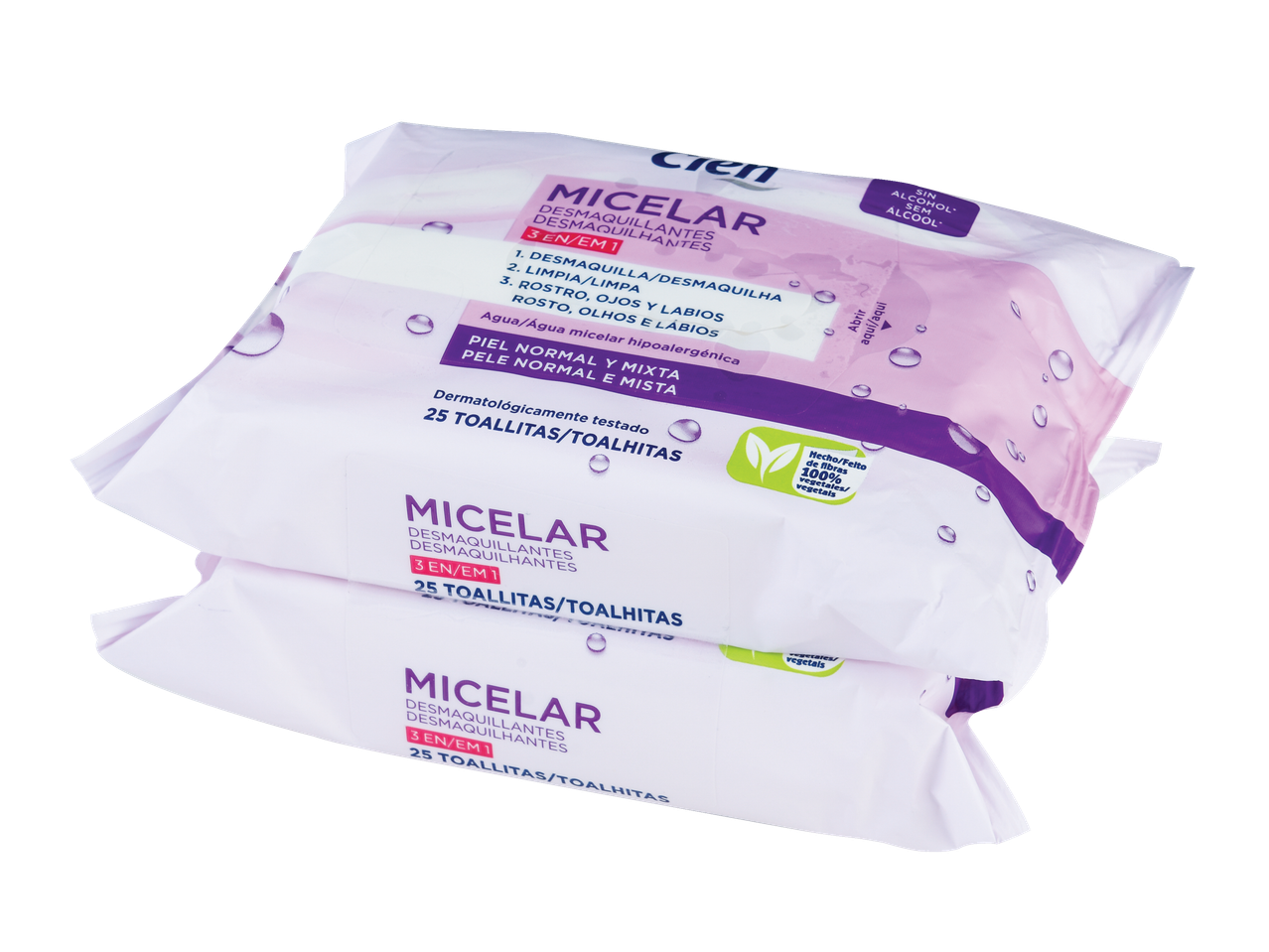 Três pacotes de lenços demaquilantes micelares Crem para pele normal e mista.
