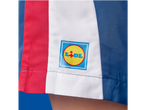 Roupa com a marca Lidl, em painéis vermelho, branco e azul.