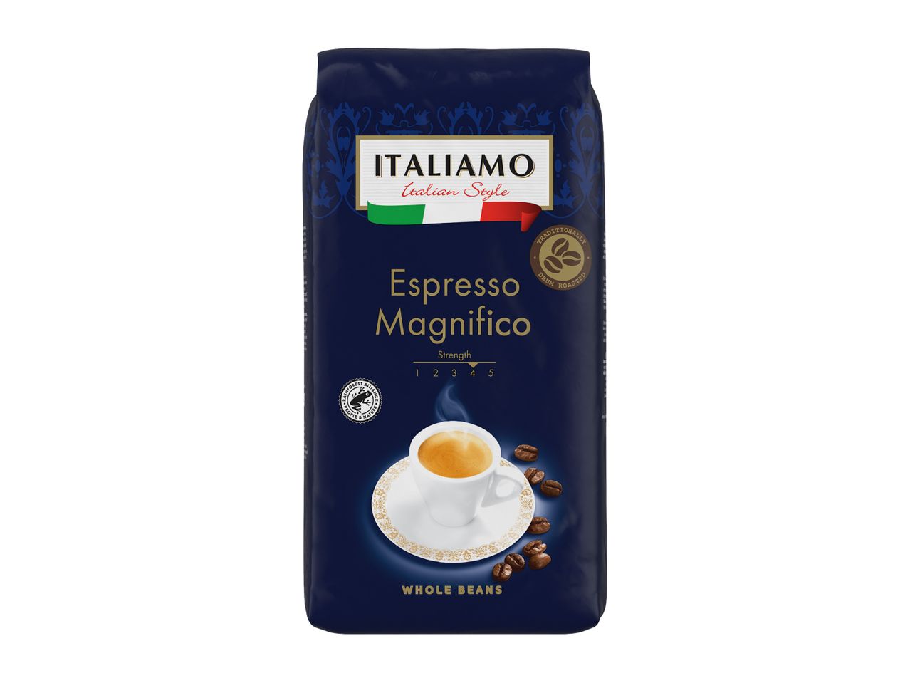 Dark blue bag of whole bean espresso coffee with a cup of coffee and coffee beans.