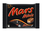 Verpakking met 17 mini-chocoladerepen, met een doorgesneden reep die de karamelvulling toont.