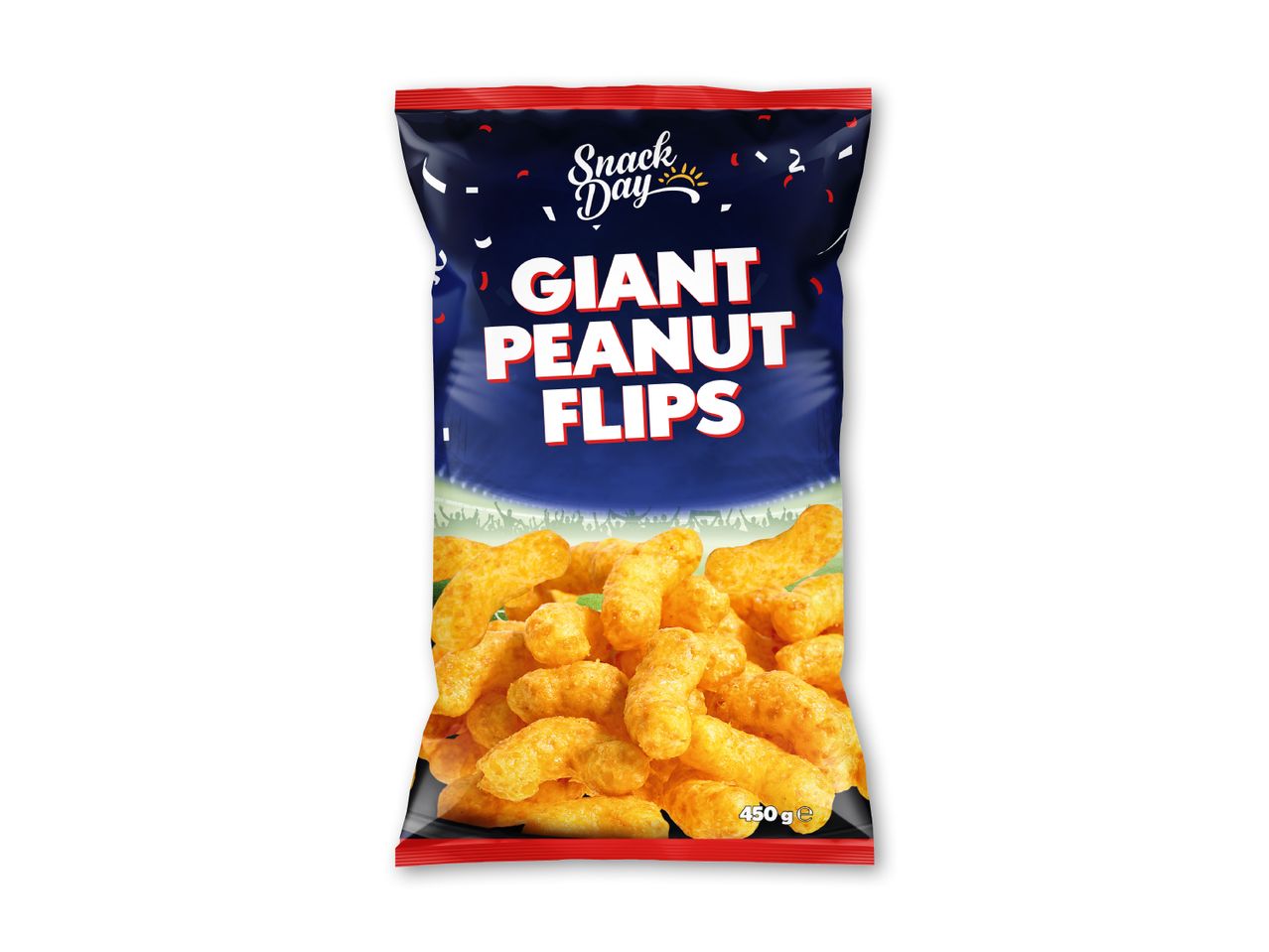 Pose med kæmpe jordnøddeflips med teksten 'GIANT PEANUT FLIPS' og 'Snack Day'.