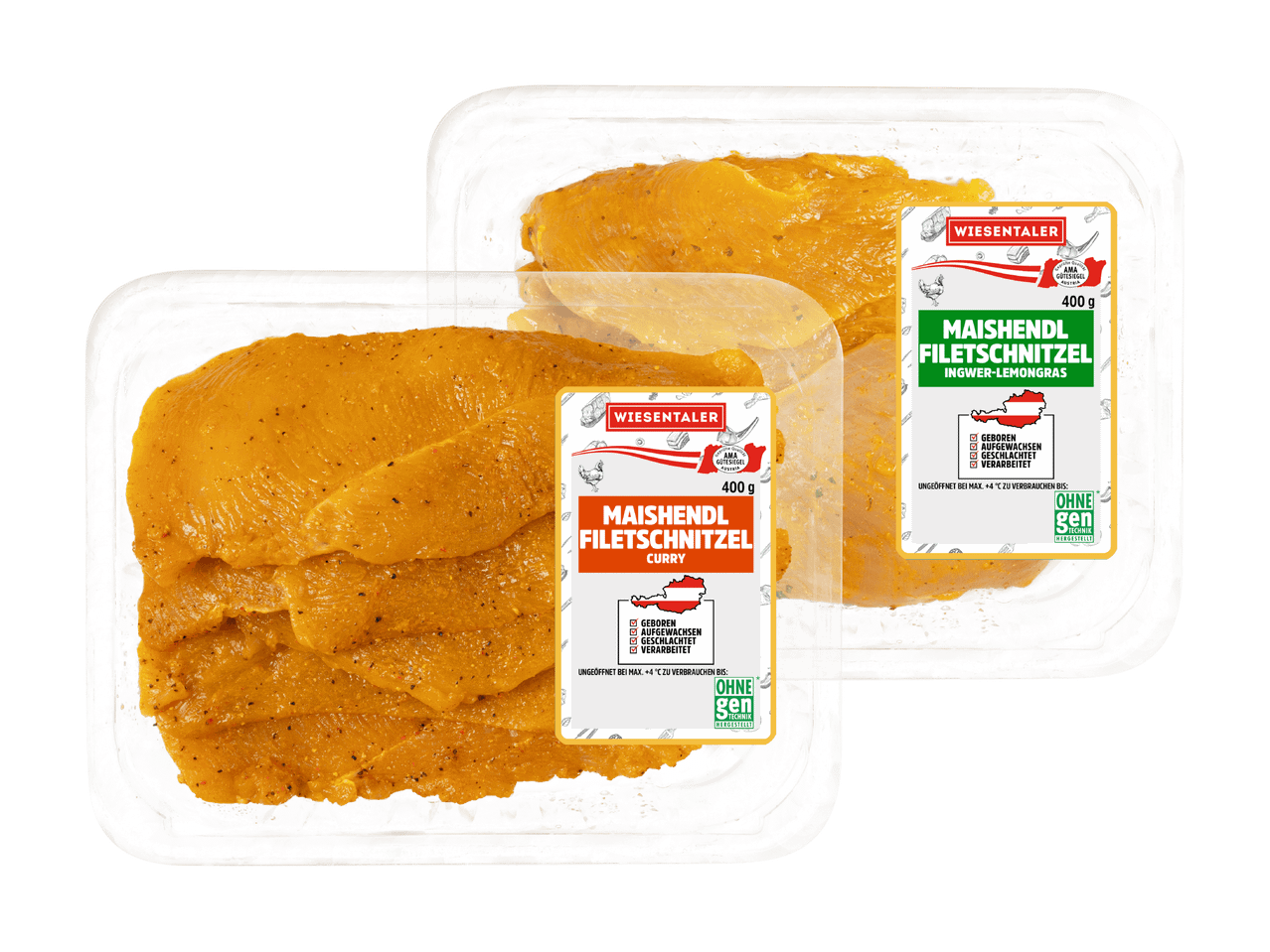 Zwei Packungen Hähnchenfilets, eine mit Curry- und eine mit Ingwer-Zitronengras-Marinade.