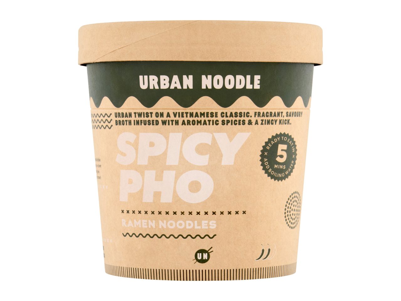 Urban Noodle Spicy Pho Ramen Noodles cup, ready in 5 minutes with boiling water.