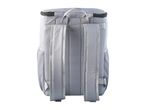 Back view of a light grey backpack with padded shoulder straps and mesh back panel.