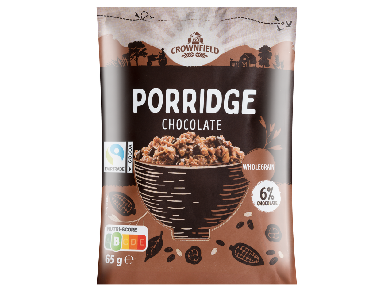 Crownfield 6%-os csokoládés zabkása, teljes kiőrlésű, Fairtrade kakaó, 65g.