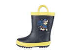 Ein dunkelblauer Kindergummistiefel mit gelber Sohle und einem Aufdruck von Chase aus Paw Patrol.