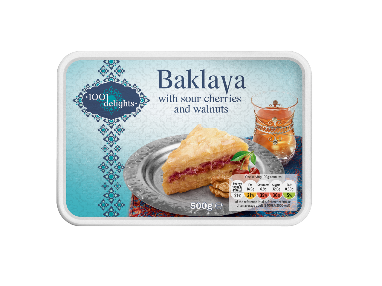 Baklava with sour cherries and walnuts, 500g, with nutritional information.