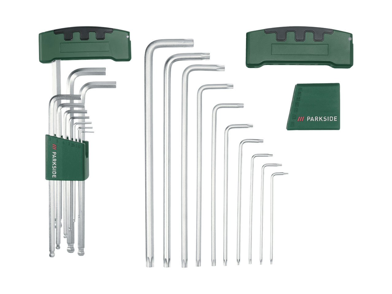 Ensemble de clés Allen et Torx en L avec supports verts.