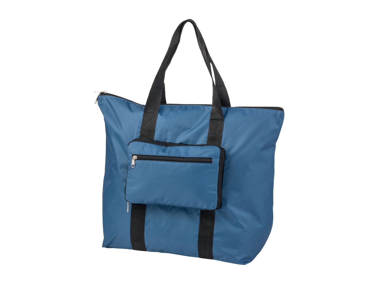 Blue foldable shopping bag with black straps and a front zippered pocket.