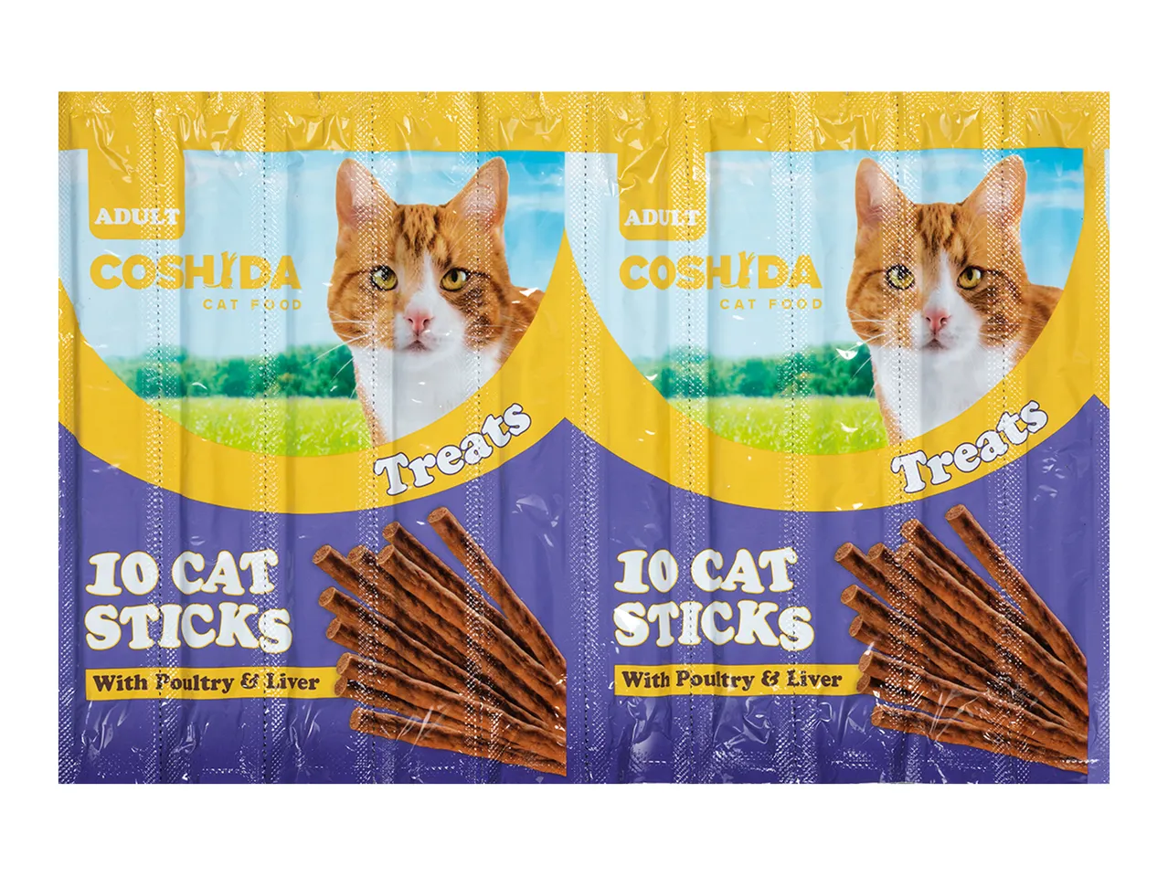 Two packs of Coshida adult cat treats: 10 poultry & liver sticks.
