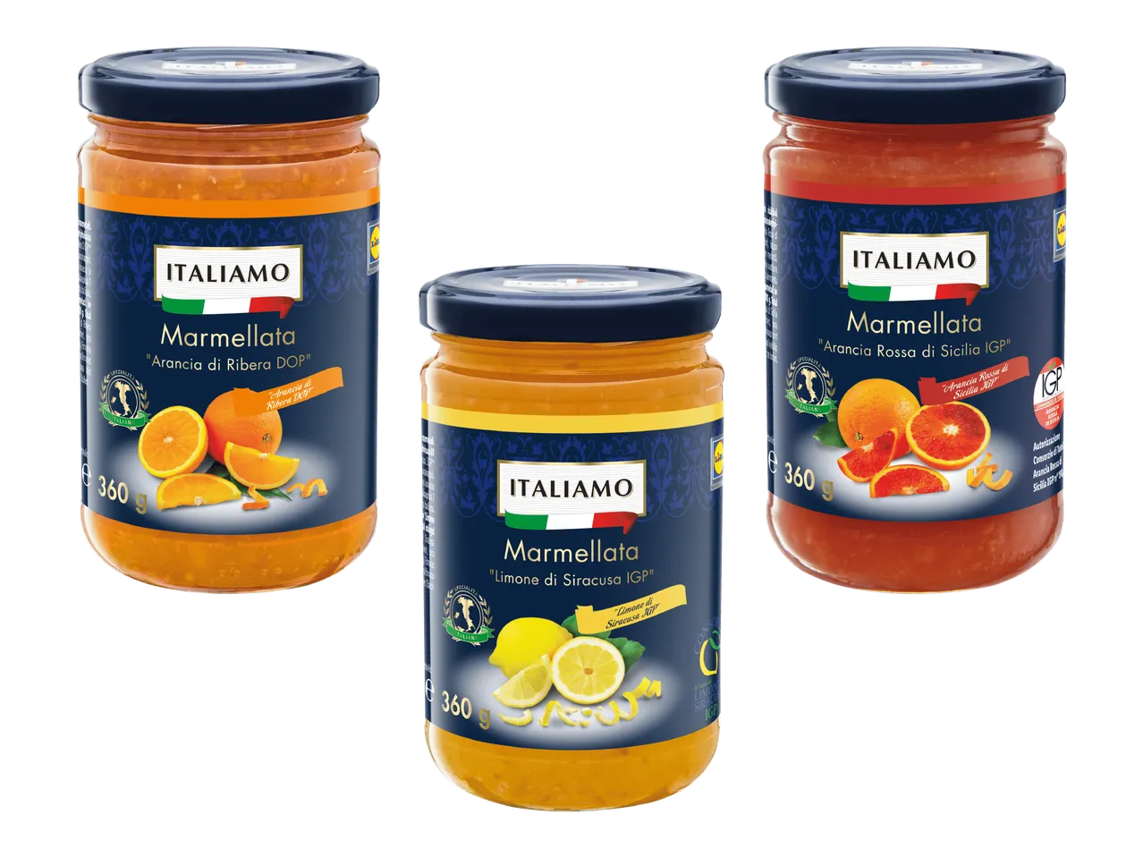 Kolme purkkia italialaista marmeladia: appelsiini, sitruuna ja veriappelsiini.