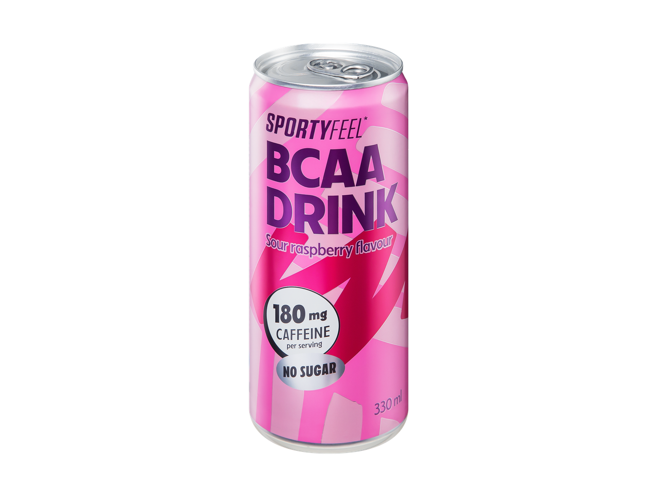 Vaaleanpunainen BCAA-juomatölkki, jossa on hapan vadelman maku, 180 mg kofeiinia ja ei sokeria.