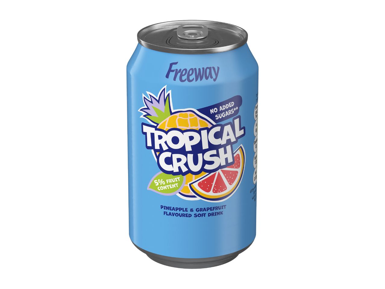 Light blue can of tropical crush soft drink with pineapple and grapefruit illustration.