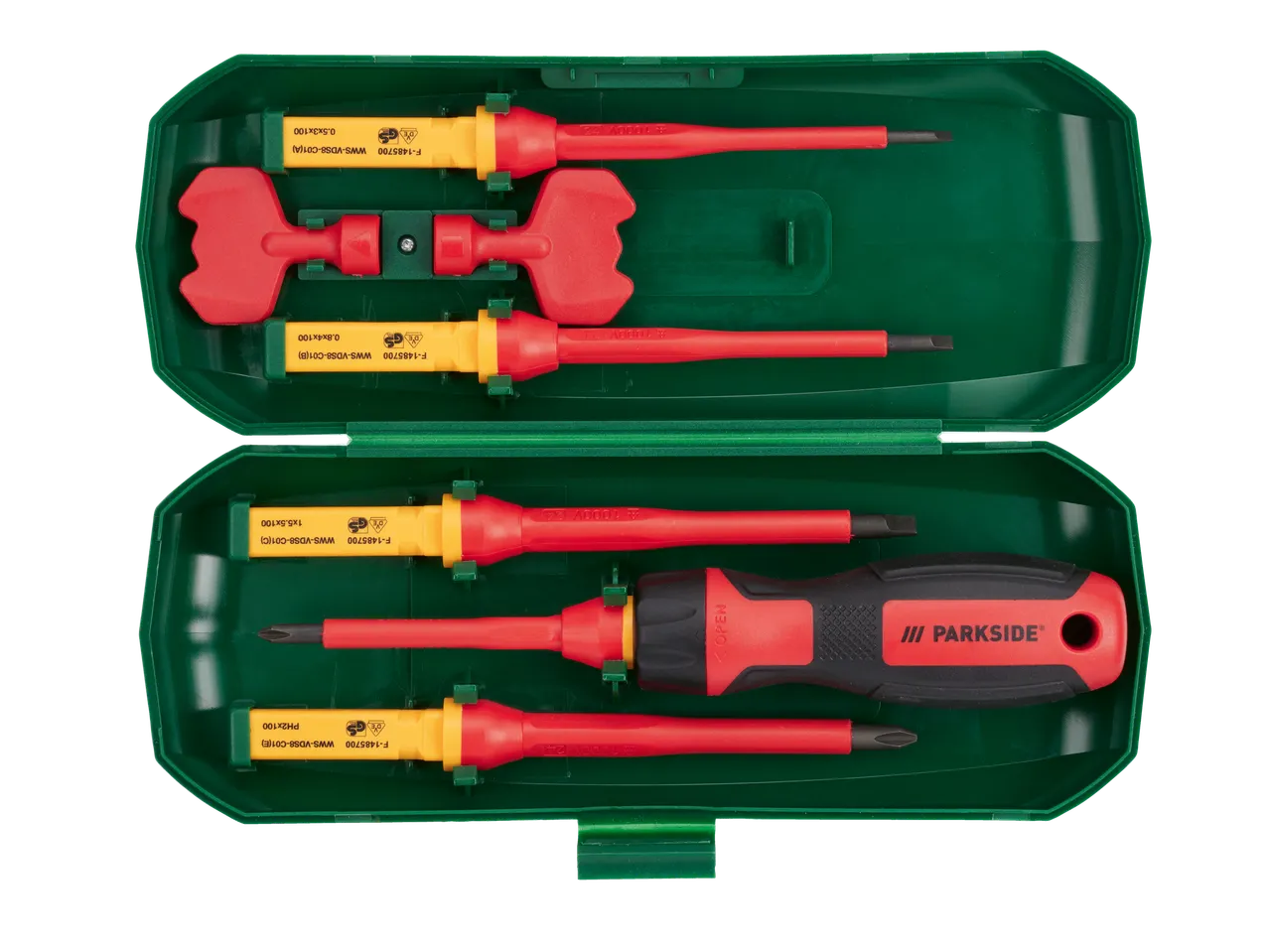 PARKSIDE® 1000V screwdriver and interchangeable blade set in a green case.
