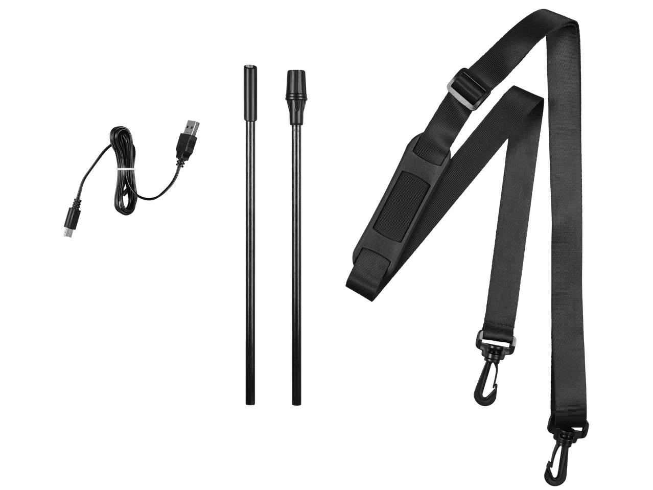 Parkside® akupihusti tarvikud: USB-kaabel, kaks pikendusvarda ja õlarihm.