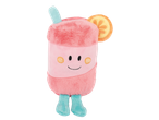 Peluche de bebida rosa com rosto sorridente, palhinha azul e fatia de laranja.