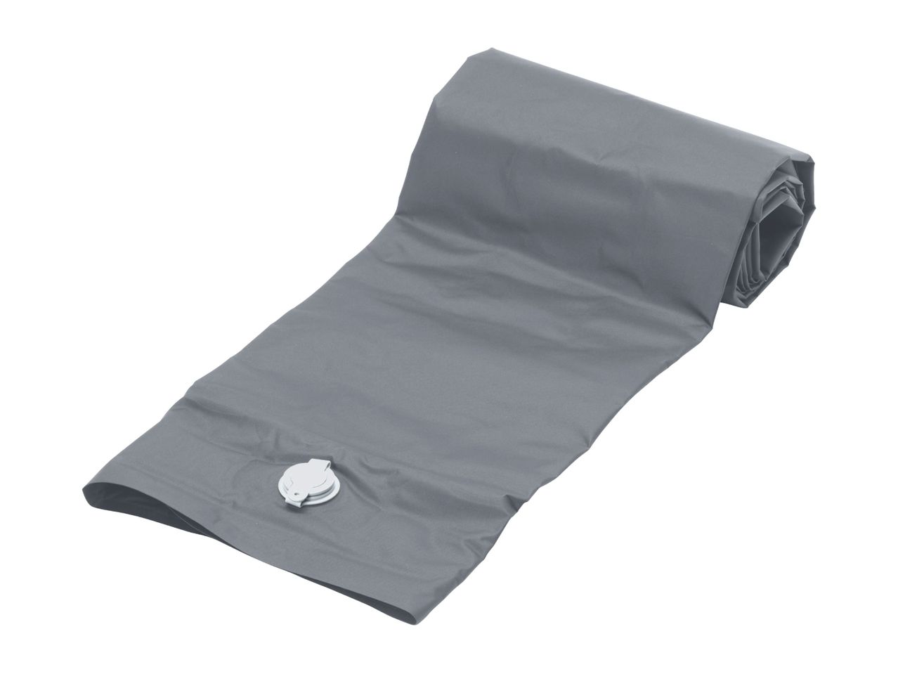 Grey inflatable sleeping pad, partially rolled up, with a white valve visible