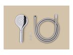 Chrome shower head with hose and three white washers on a beige background.