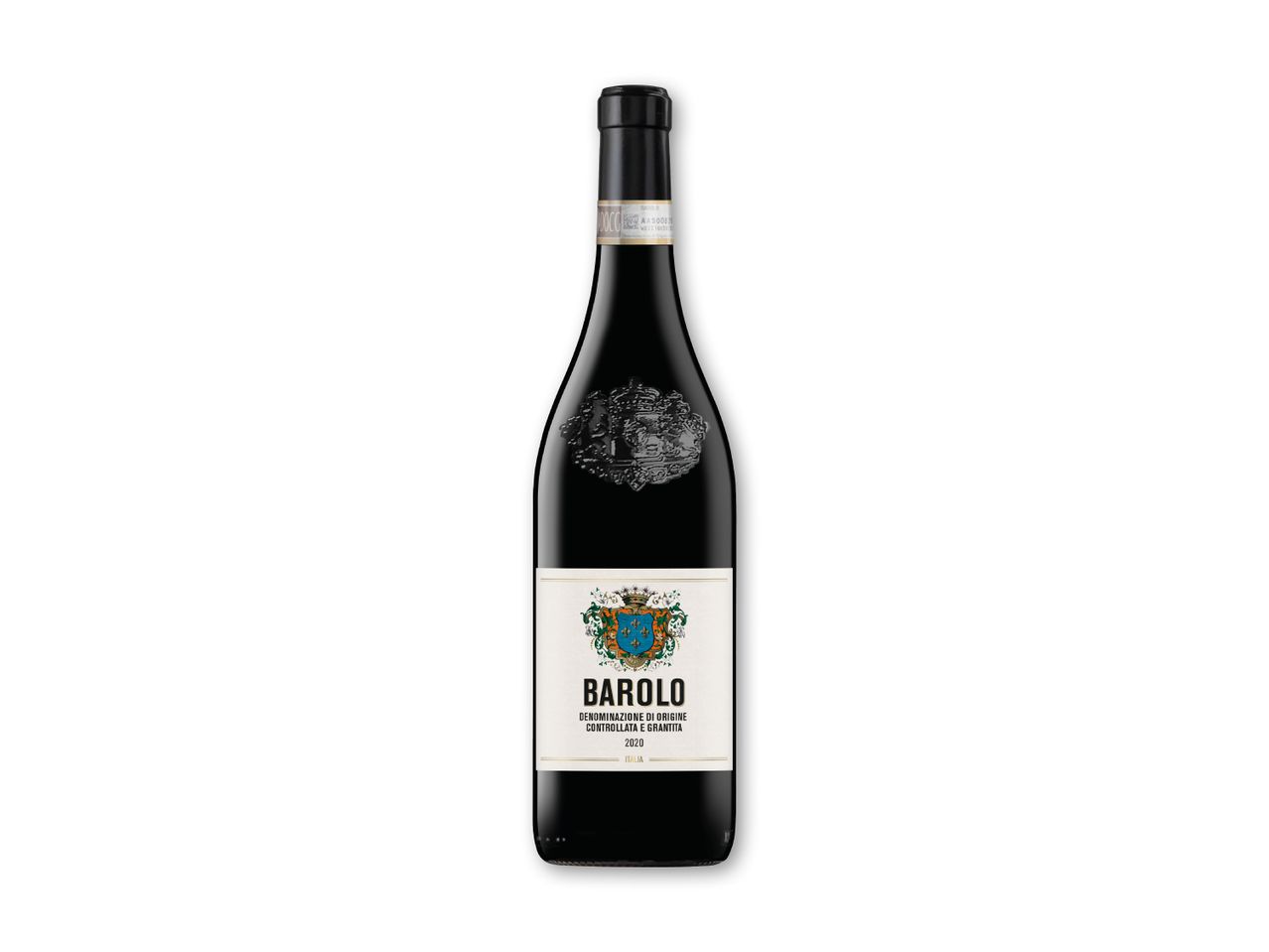 En flaske rødvin med en hvid etiket, der viser et våbenskjold og teksten 'BAROLO 2020'.