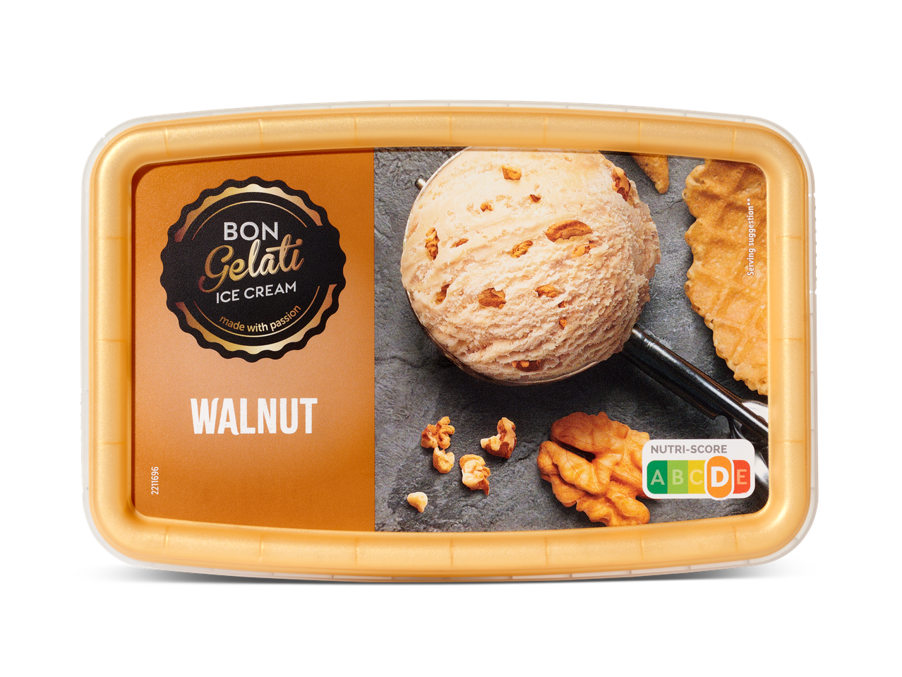 Bon Gelati walnoot ijs in een bakje.
