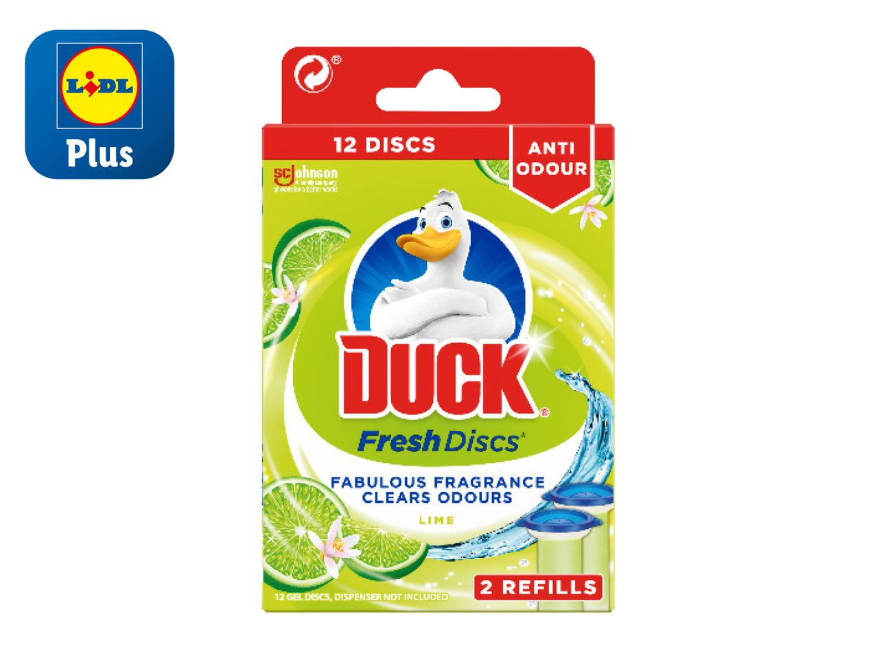 LIDL Plus offers Duck Fresh Discs toilet fresheners, lime scent, 12 discs in 2 refills.