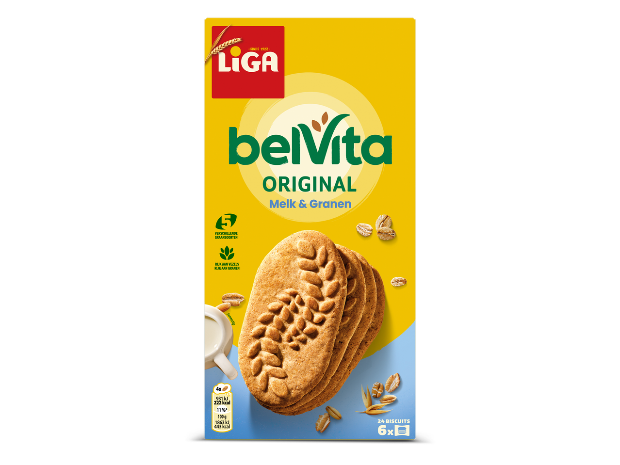 Een pak ontbijtkoekjes met melk en granen, met een afbeelding van de koekjes en een kopje melk.