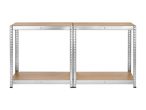 Two metal shelving units with two wooden shelves each, side by side.