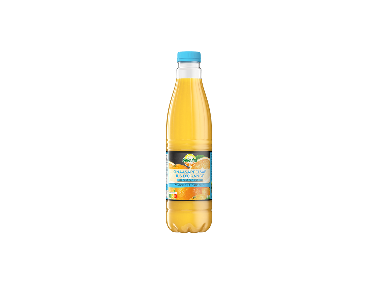 Jus d'orange Solevita, 100% pur jus, sans pulpe, dans une bouteille transparente avec un bouchon bleu.