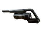 Black cordless handheld vacuum cleaner with a narrow nozzle and transparent dustbin.