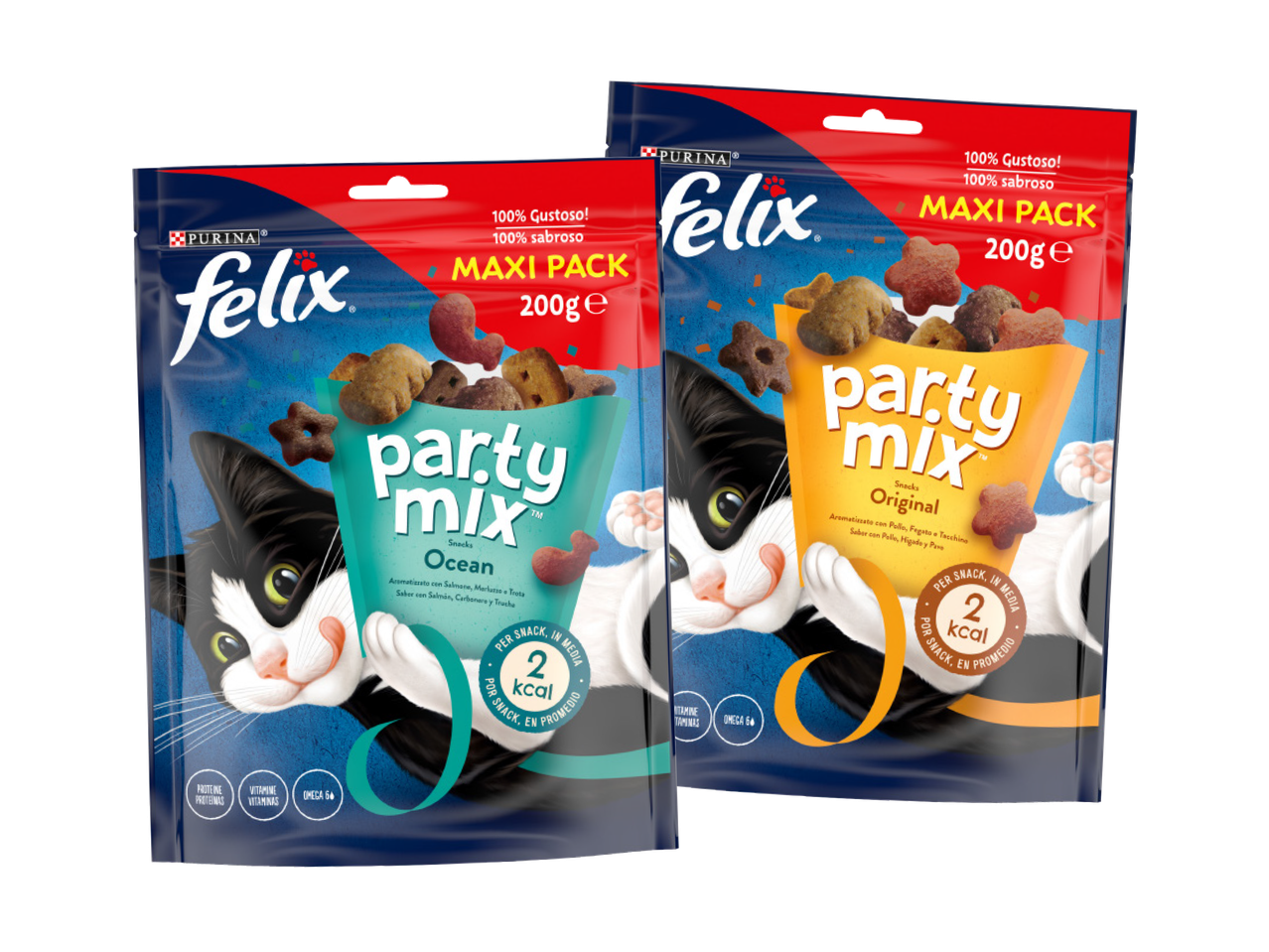 Snack Felix Party Mix per gatti: Original e Ocean, maxi pack 200g.