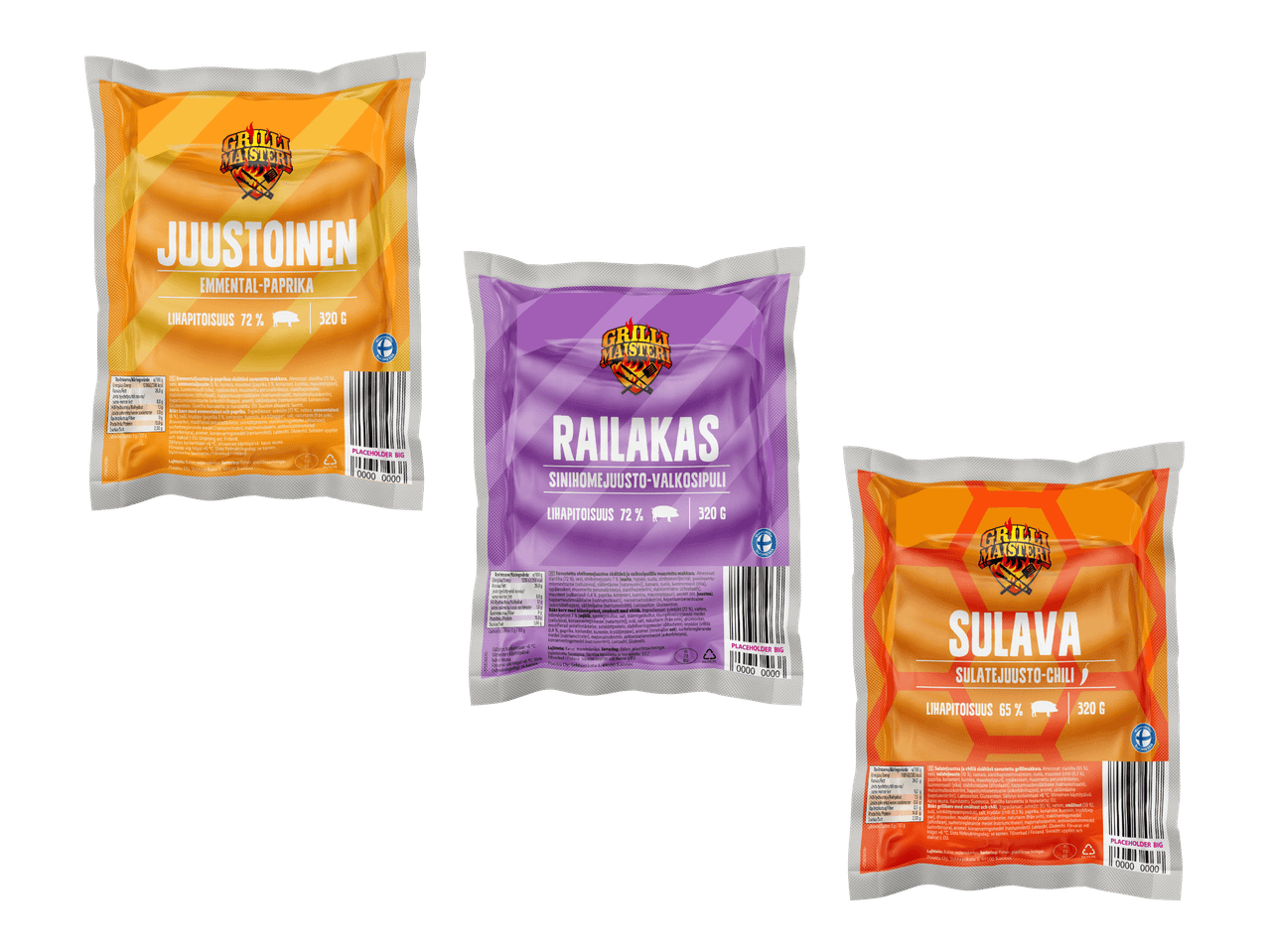 Kolme pakkausta makkaraa: juusto-paprika, sinihomejuusto-valkosipuli ja sulatejuusto-chili.