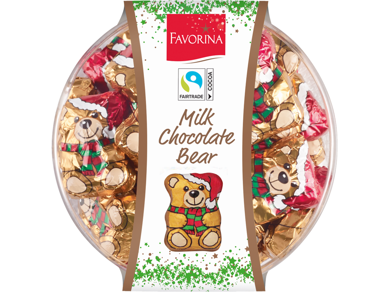 Milk chocolate bears in festive wrapping in a round container, with the Favorina brand.