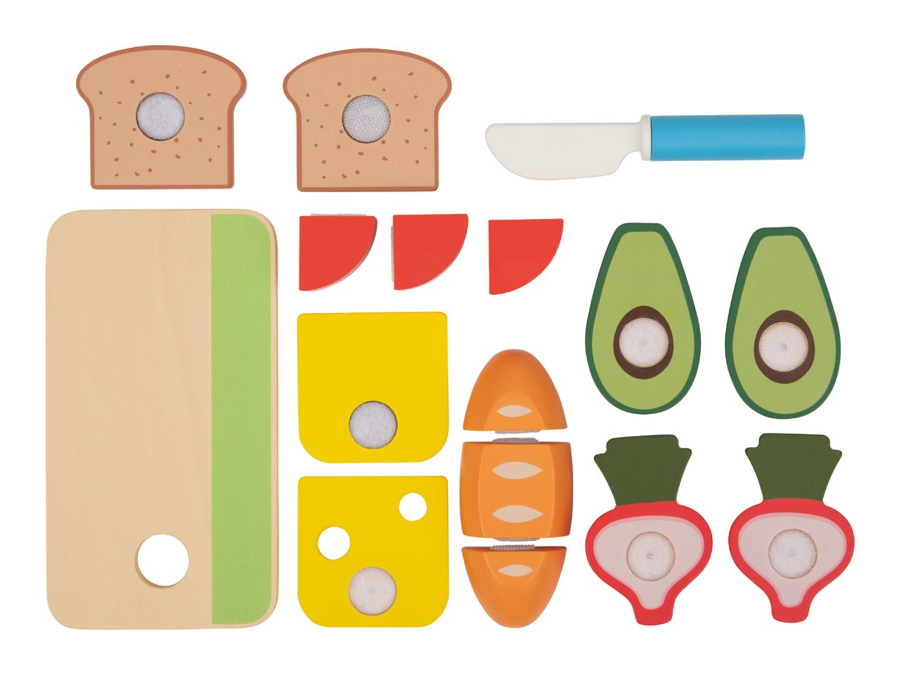 Wooden play food set with bread, cheese, vegetables, a cutting board, and a knife.