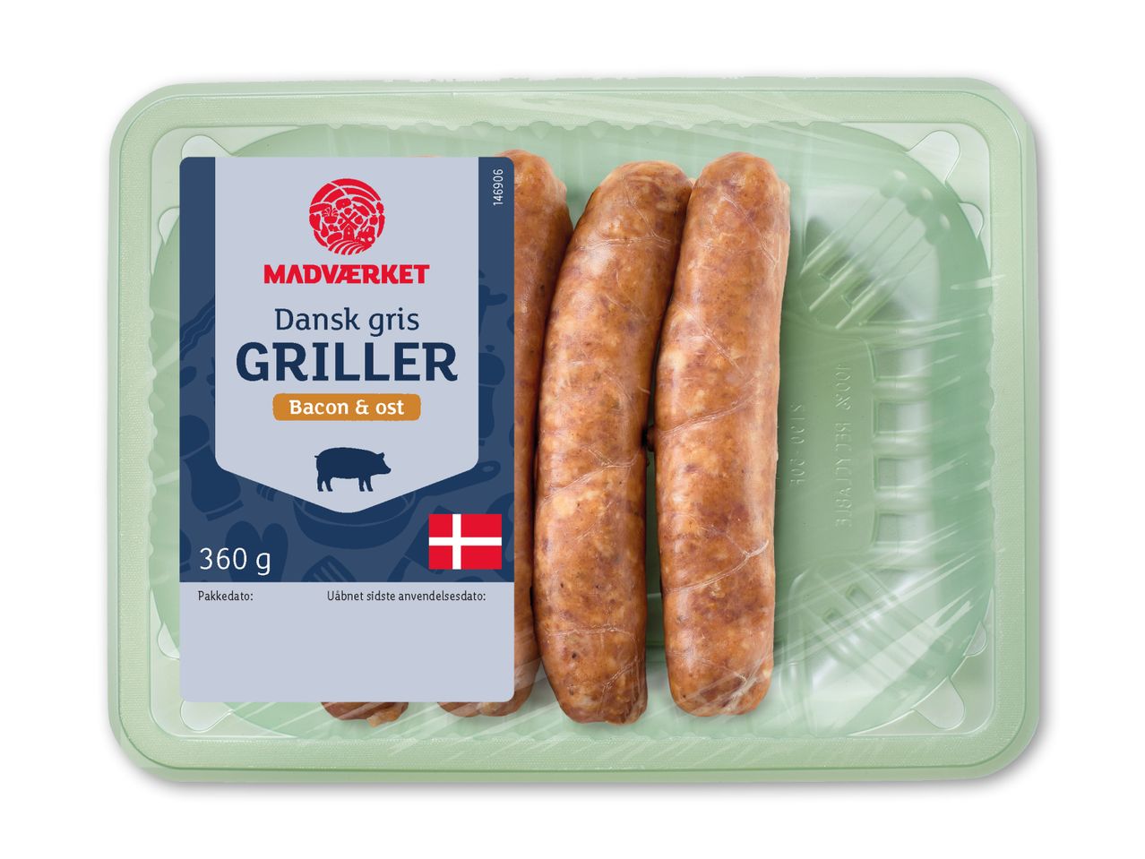 Pakkede grillpølser med bacon og ost, 360g, i en grøn bakke.