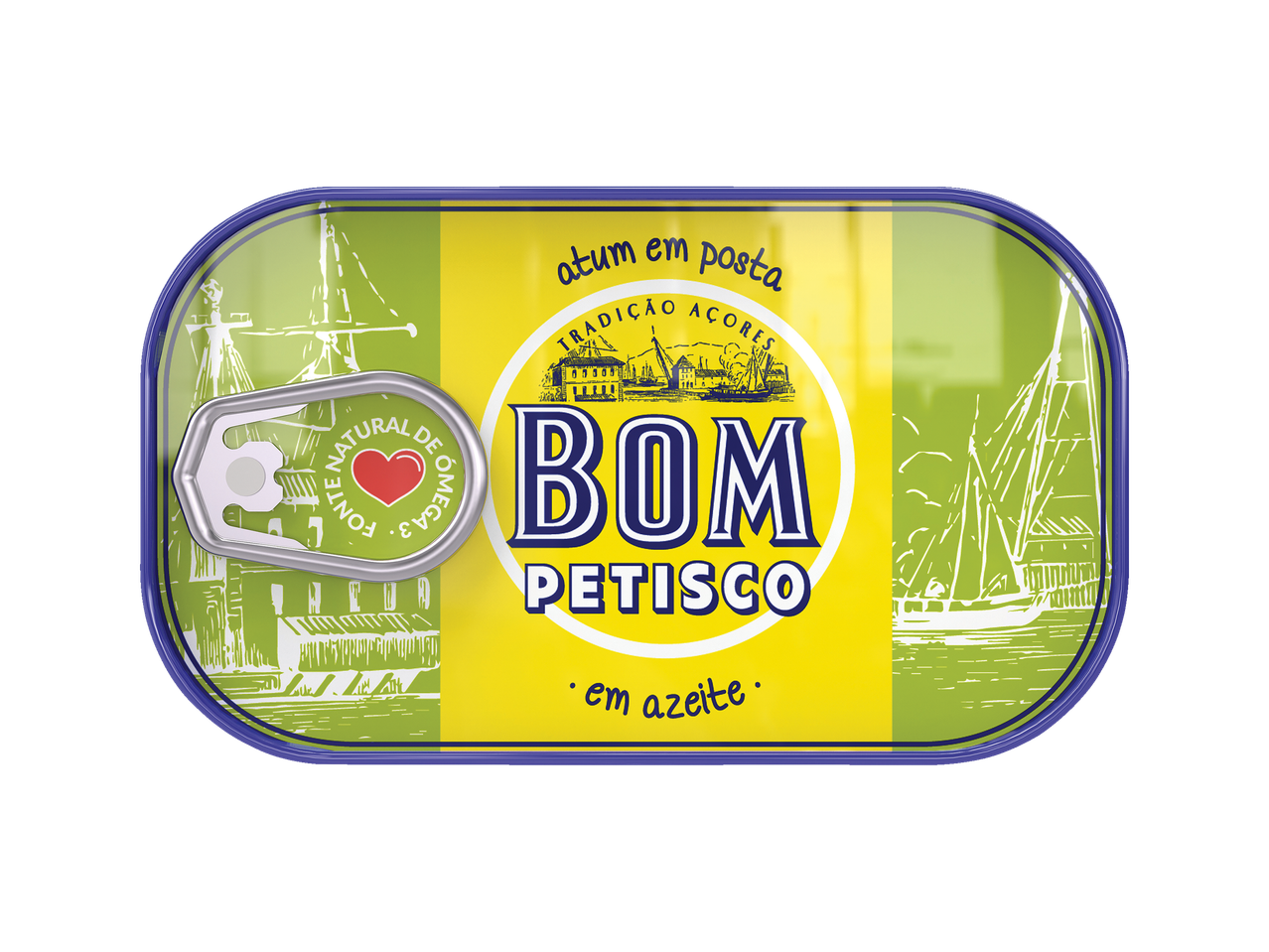 Lata de atum Bom Petisco em azeite, com rótulo verde e amarelo.