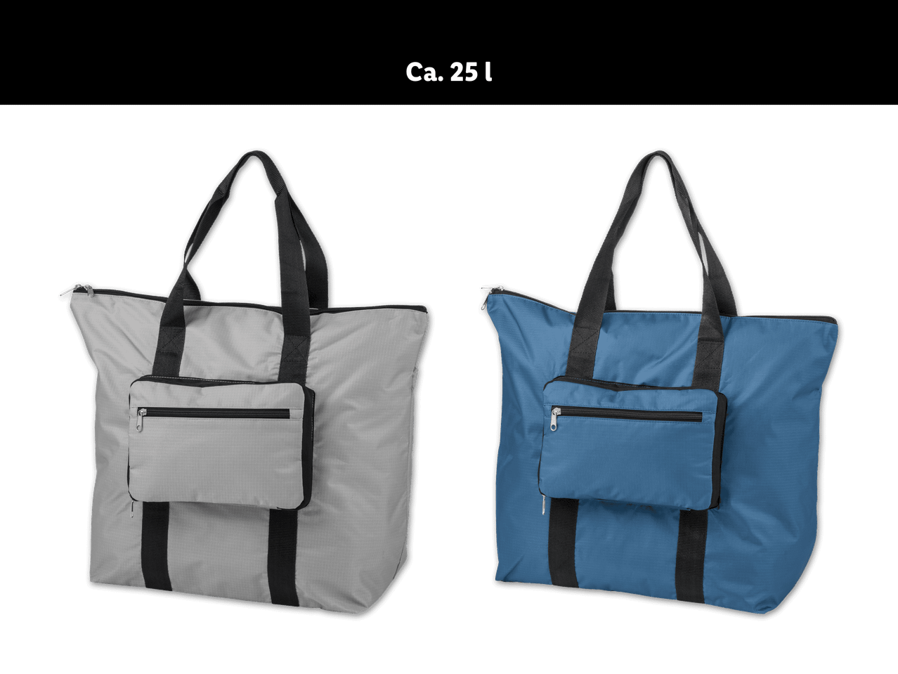 Zwei faltbare Einkaufstaschen in Grau und Blau mit kleiner Vortasche.