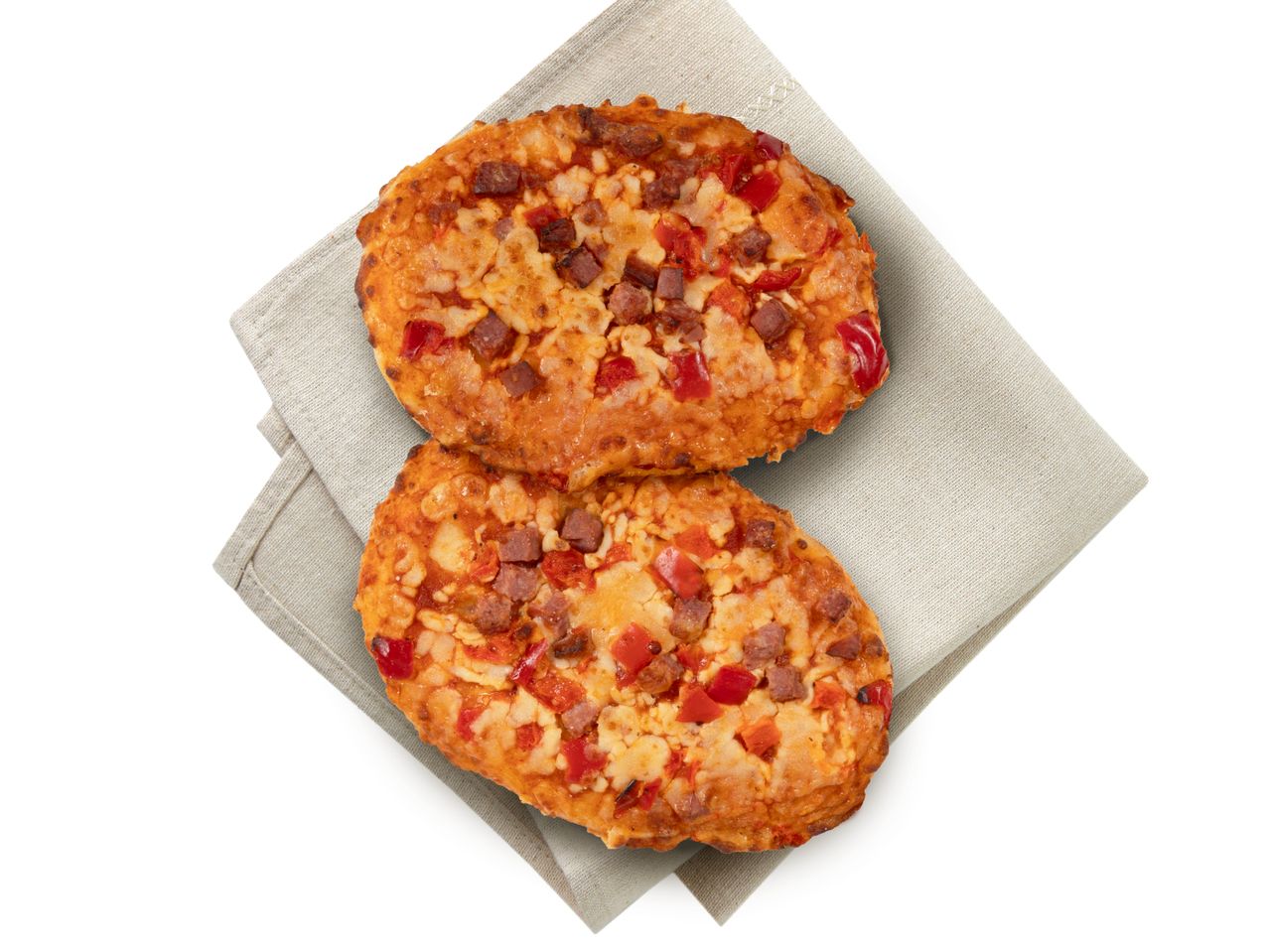 Zwei Mini-Pizzen mit Schinken und Paprika.