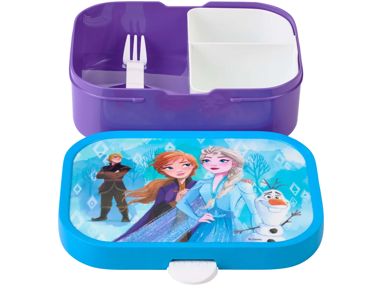 Frozen-lunchbox met Anna, Elsa, Kristoff en Olaf, inclusief vork en compartimenten.