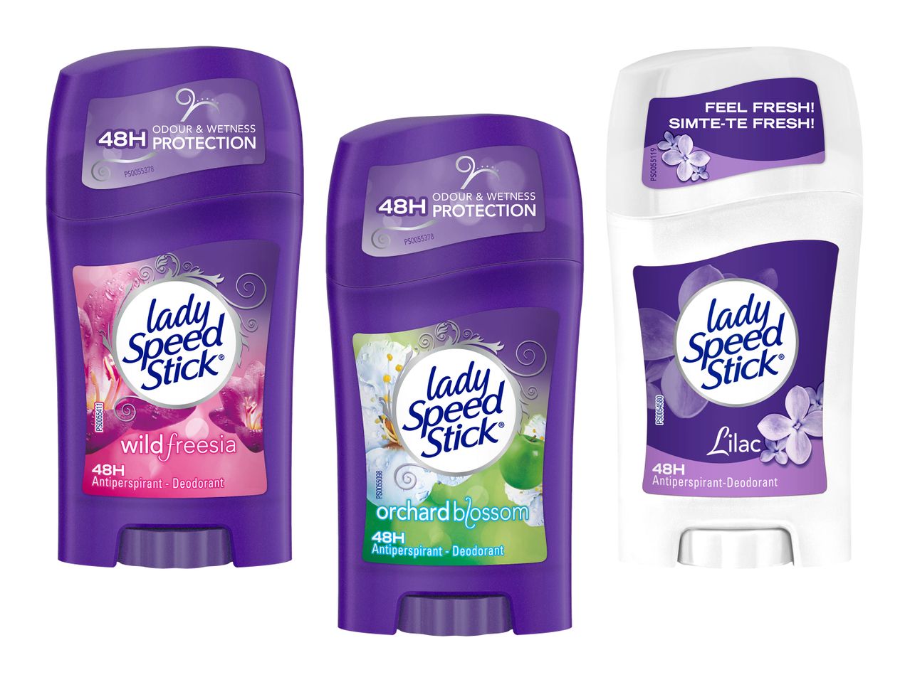 Trei deodorante Lady Speed Stick, două mov cu „wild freesia” și „orchard blossom”, unul alb cu „Lilac”.
