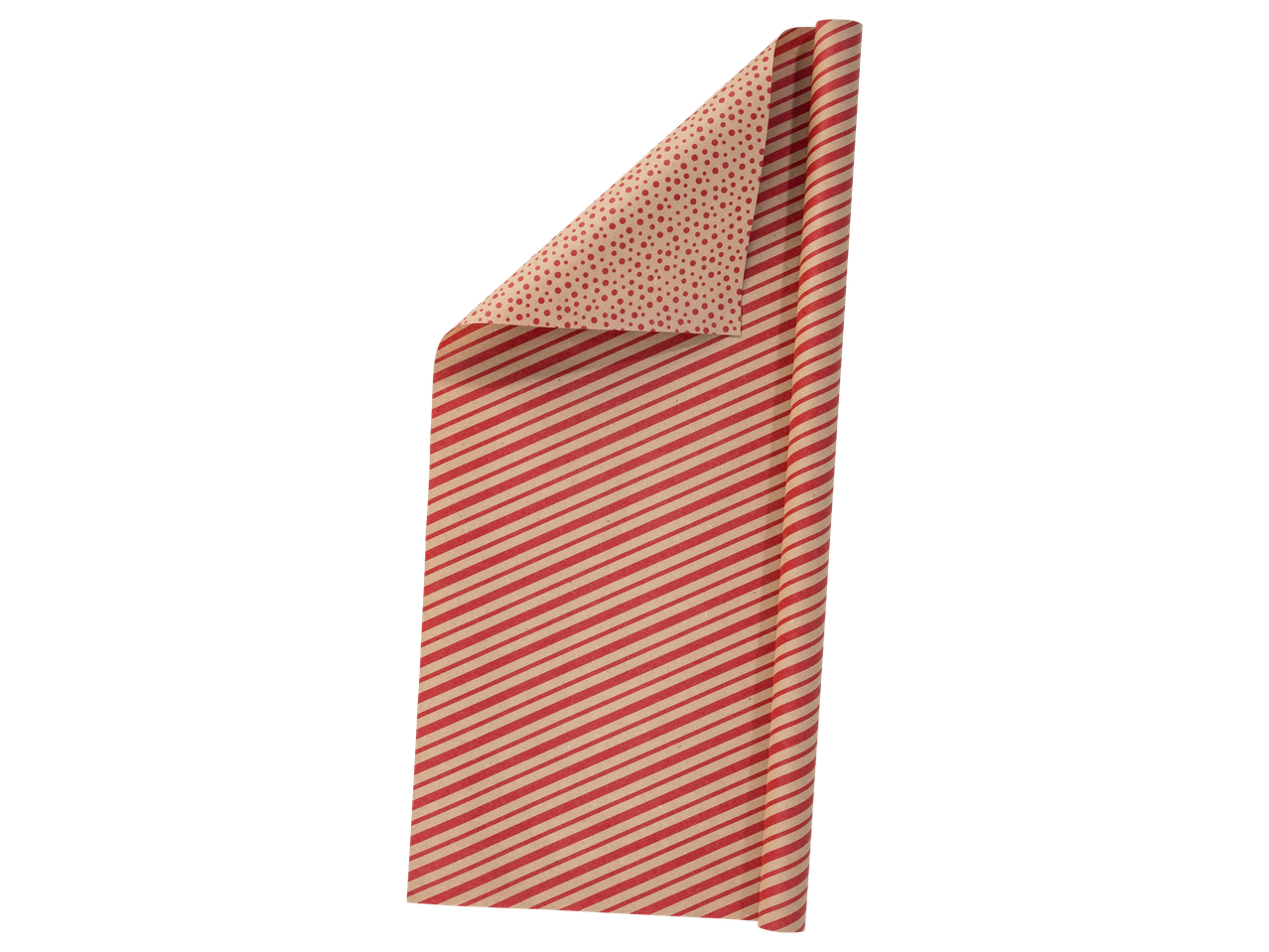 Reversible wrapping paper with red stripes and polka dots on a brown background.