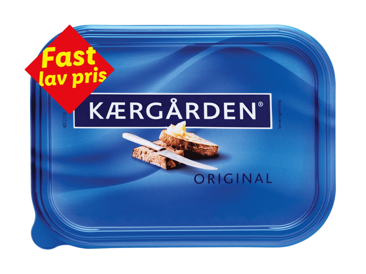 Blå smørpakke med brødskiver og kniv, mærket 'Fast lav pris' i rødt.