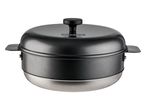 Une casserole à vapeur noire Crivit avec couvercle.