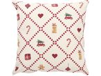 Декоративна възглавница с коледни мотиви: сърца, подаръци, колички с елхи и бастунчета.