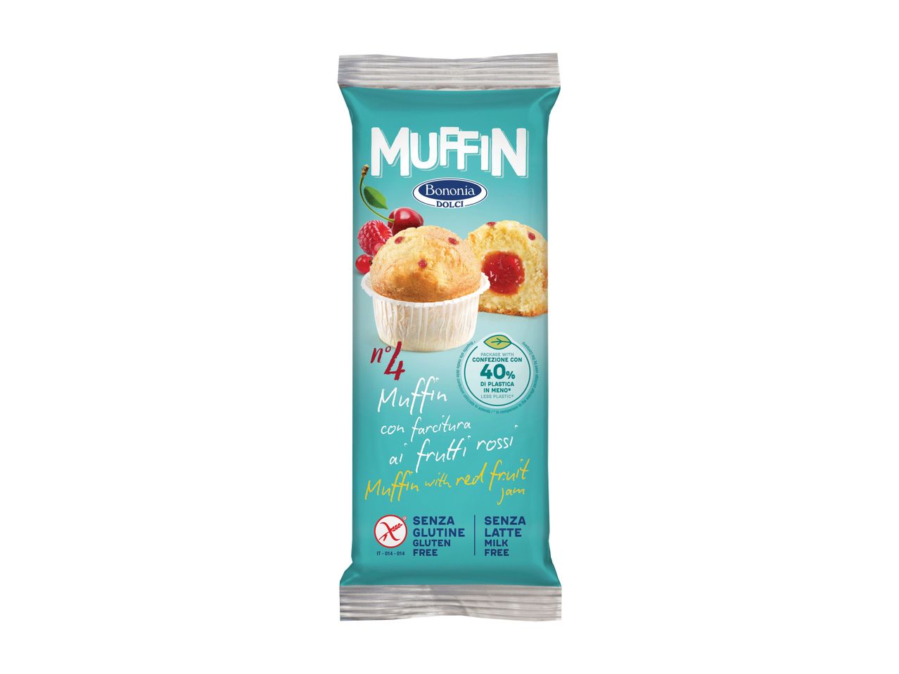 Confezione di muffin Bononia Dolci al frutto rosso, senza glutine e senza latte.