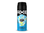 Zwarte deodorant bodyspray met blauwe en gele ijsblokjes en de tekst 'ICE CHILL'.