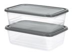 Two rectangular clear food storage containers with dark grey lids, stacked on top of each other.