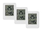 Tre hvide digitale termometre viser 25°C og 45% luftfugtighed.