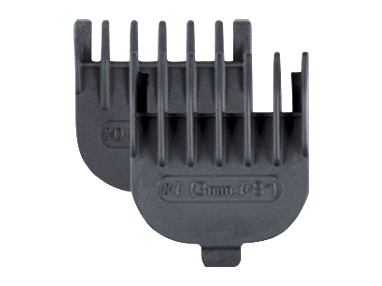 Two dark gray hair clipper guards, one labeled '#0' and the other '#1 (3mm 1/8')'.