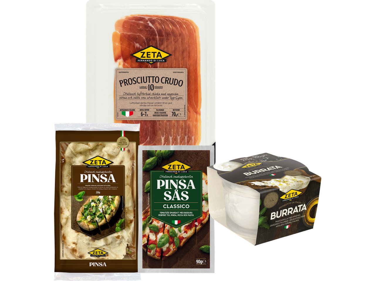 En förpackning Zeta Prosciutto Crudo, Zeta Pinsa, Zeta Pinsasås och Zeta Burrata.