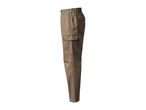 Brown cargo pants with an elastic waistband and multiple pockets